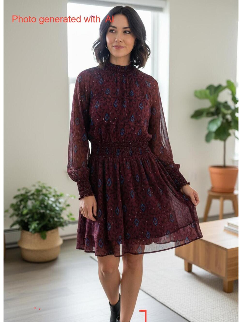 Allison NY Long Sleeve Burgundy & Blue Patterned Dress with Smocked Waist Size S